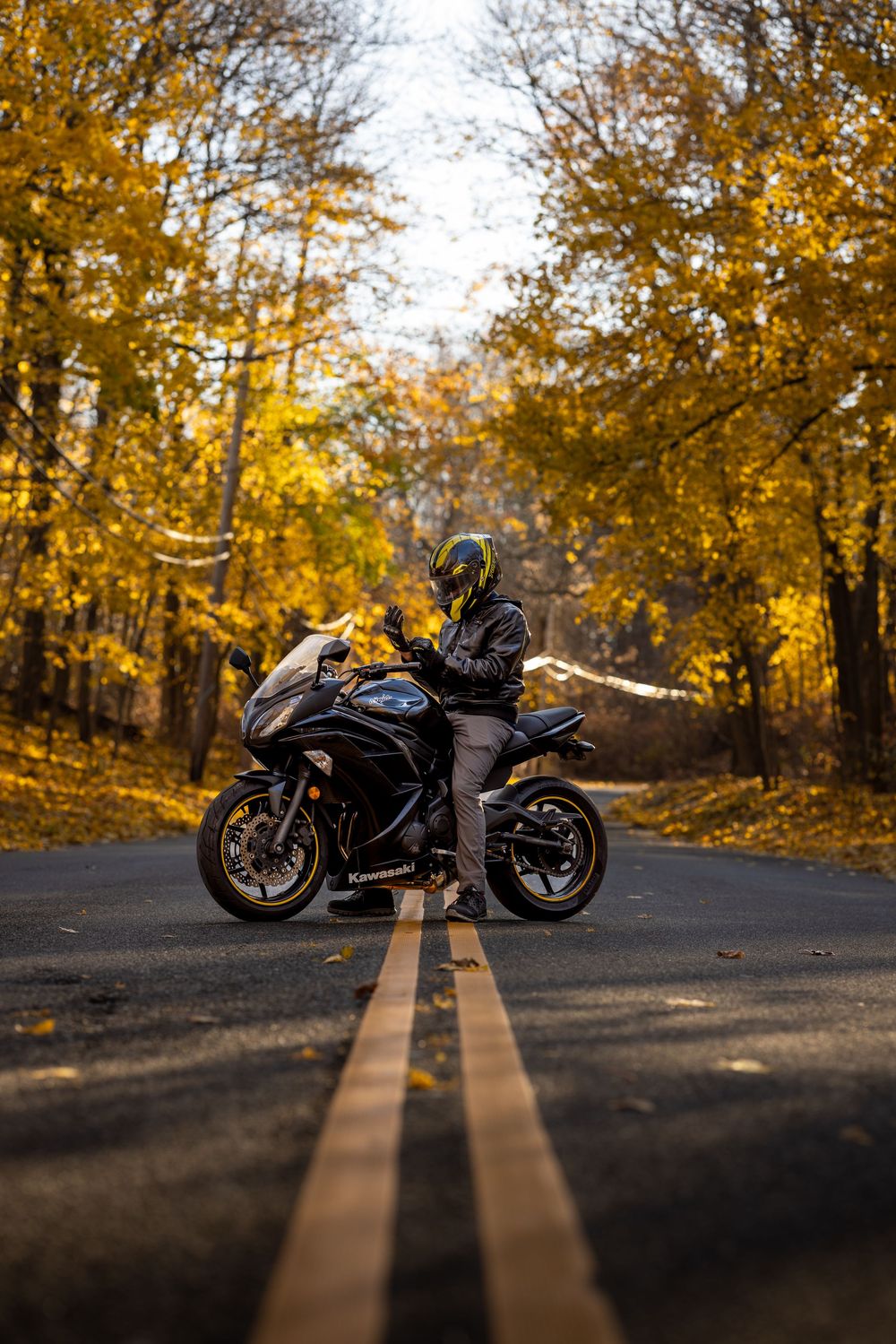 A black motorcycle parked on an autumn road with golden trees and long shadows cast across the pavement.