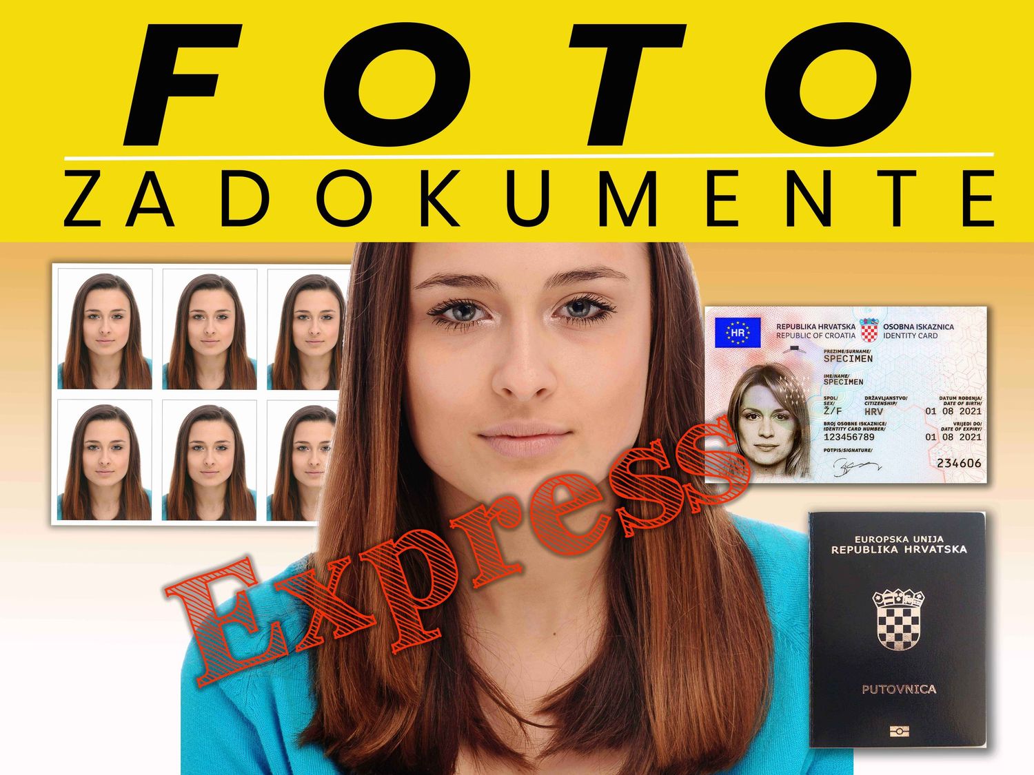 Passport photo examples and ID document layout on yellow background.