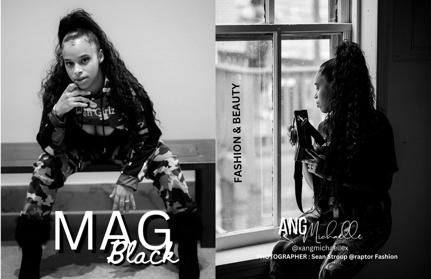 Black and white magazine spread featuring artistic fashion photography.