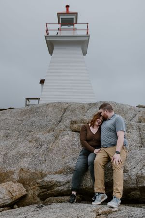 Couple visiting Nova Scotia session at Terrence Bay Lighthouse, Nova Scotia