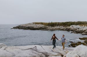 Couple visiting Nova Scotia session at Terrence Bay Lighthouse, Nova Scotia