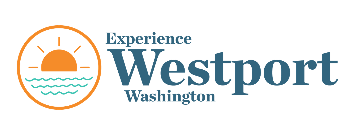 Orange and blue Experience Westport Washington tourism logo with sunset icon.