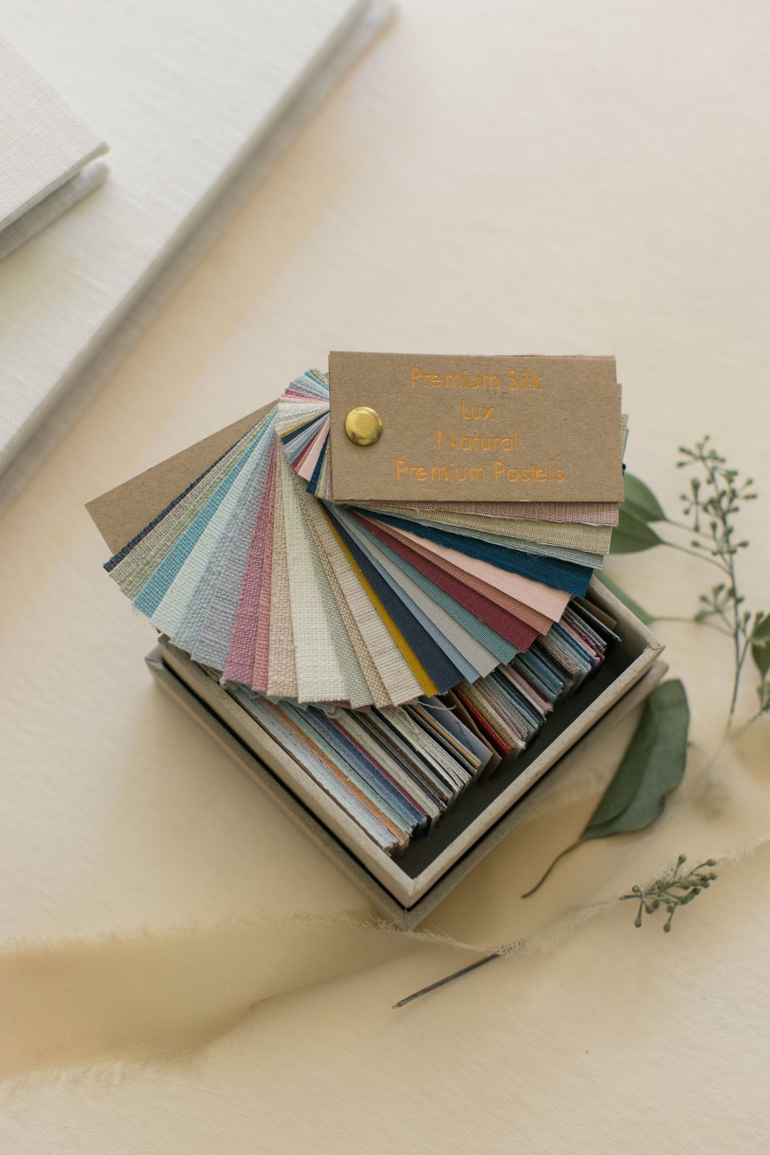 Collection of paper swatches in various colors fanned out with decorative greenery.