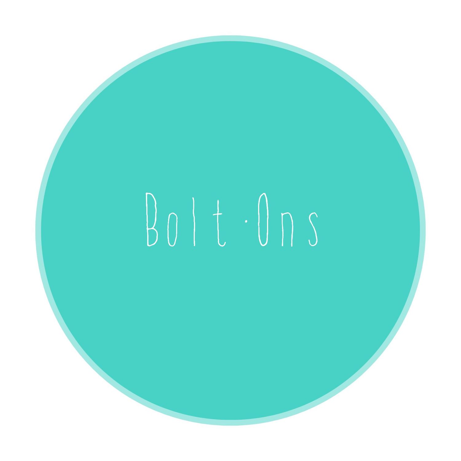 Turquoise circular logo design with text reading 'Bolt Ons' in white lettering.