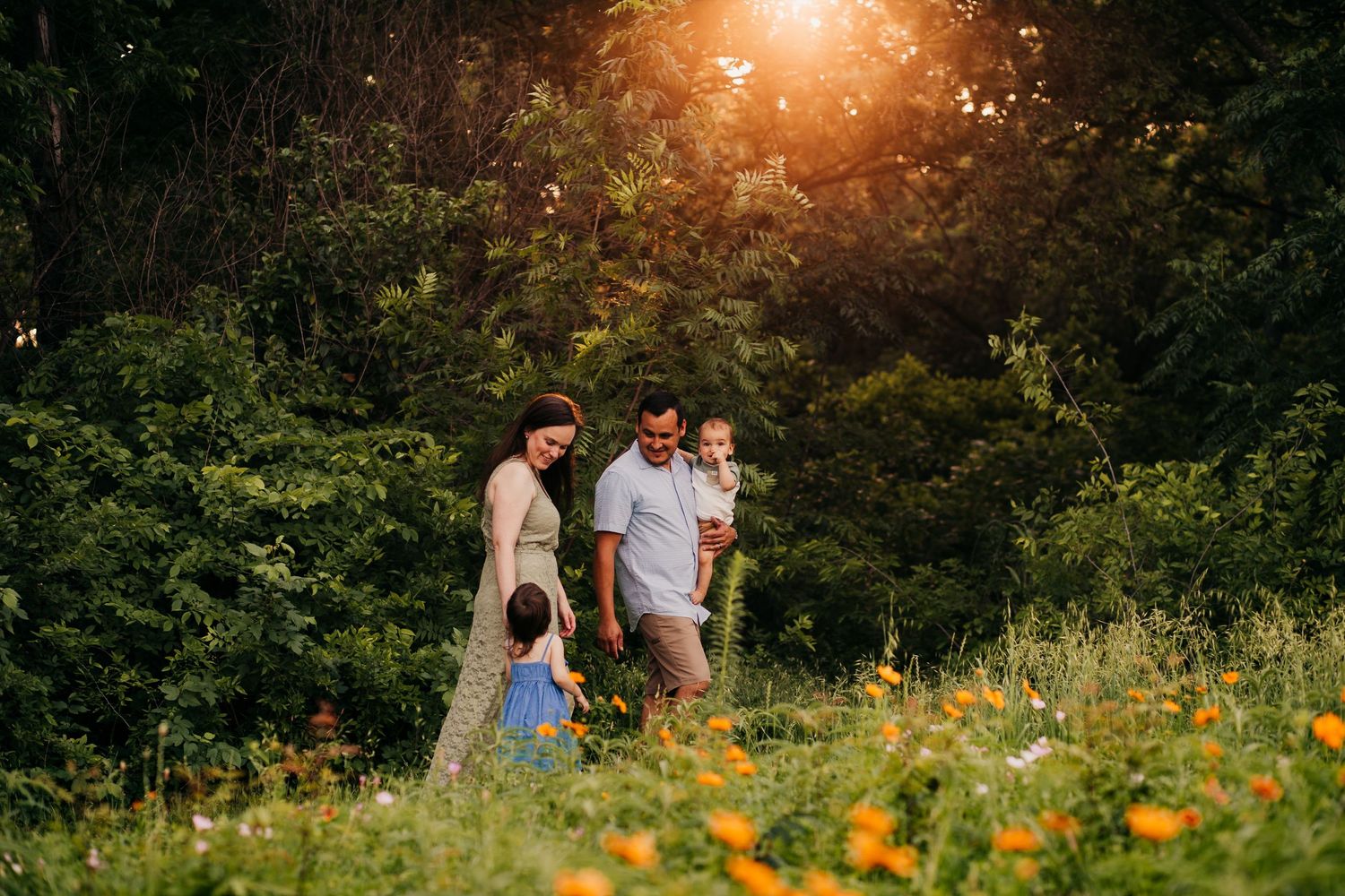Family of four walks together in a meadow