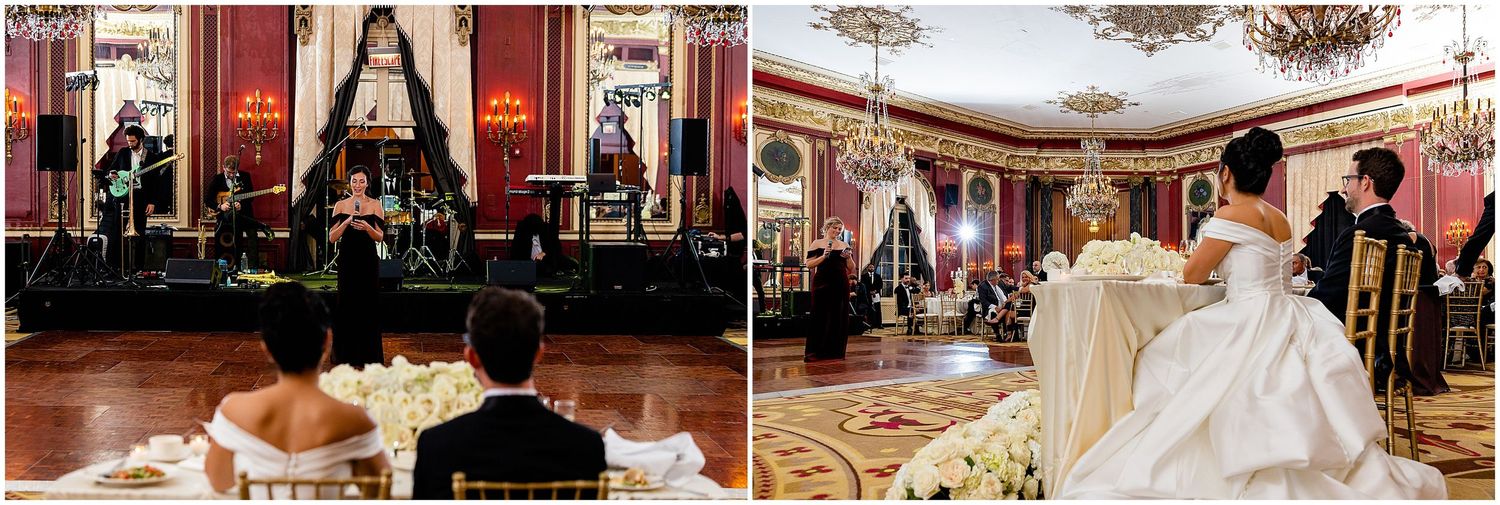 Wedding reception scenes in a grand ballroom with red walls and crystal chandeliers.