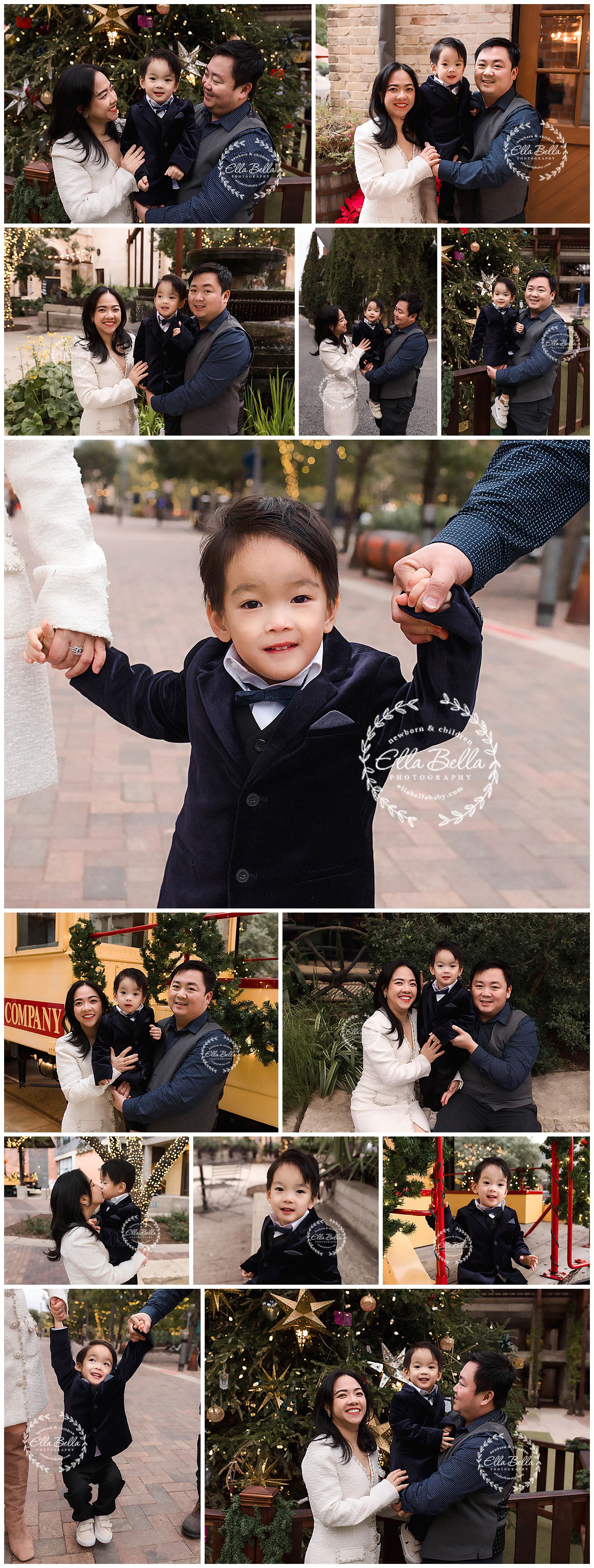 Collection of outdoor family portraits with festive holiday decorations and greenery.