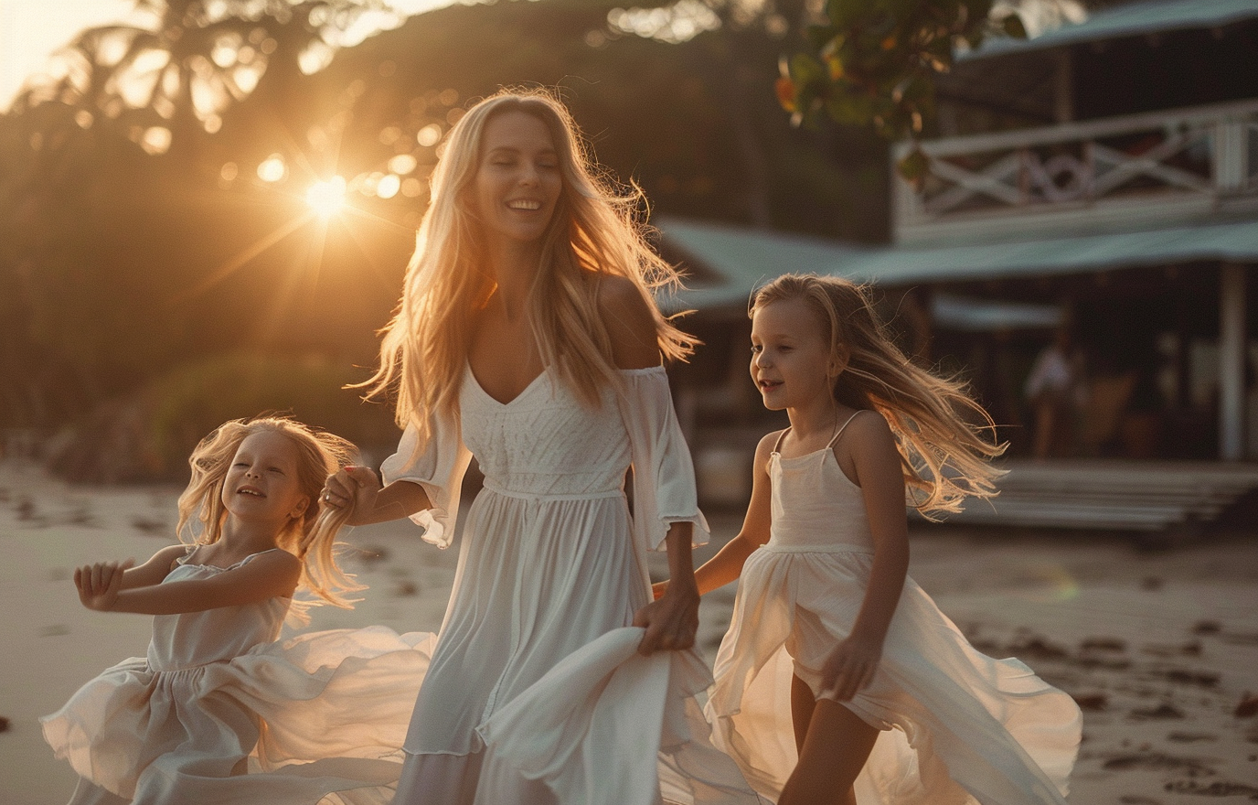 Une famille dansant ensemble sur une plage au coucher du soleil, vêtue de robes blanches fluides.