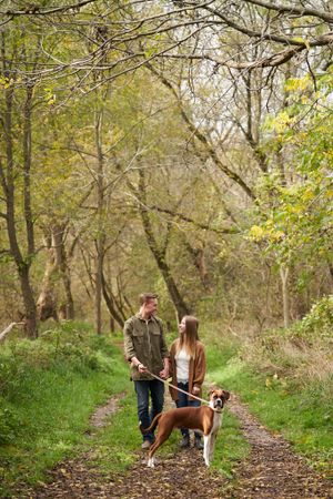 Couple walking dog on wooded trail during spring with fresh green foliage by the Grand River in Brantford.
