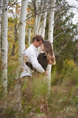 A romantic moment between two people embracing among white birch trees on an autumn day at the Guelph Arboretum.