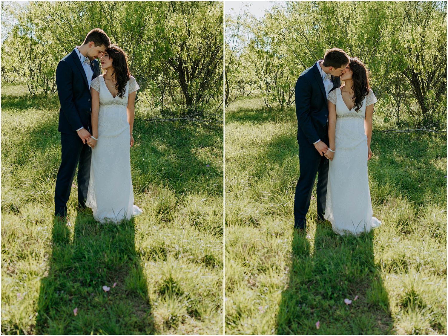 Side-by-side romantic wedding photos taken in a green spring meadow.