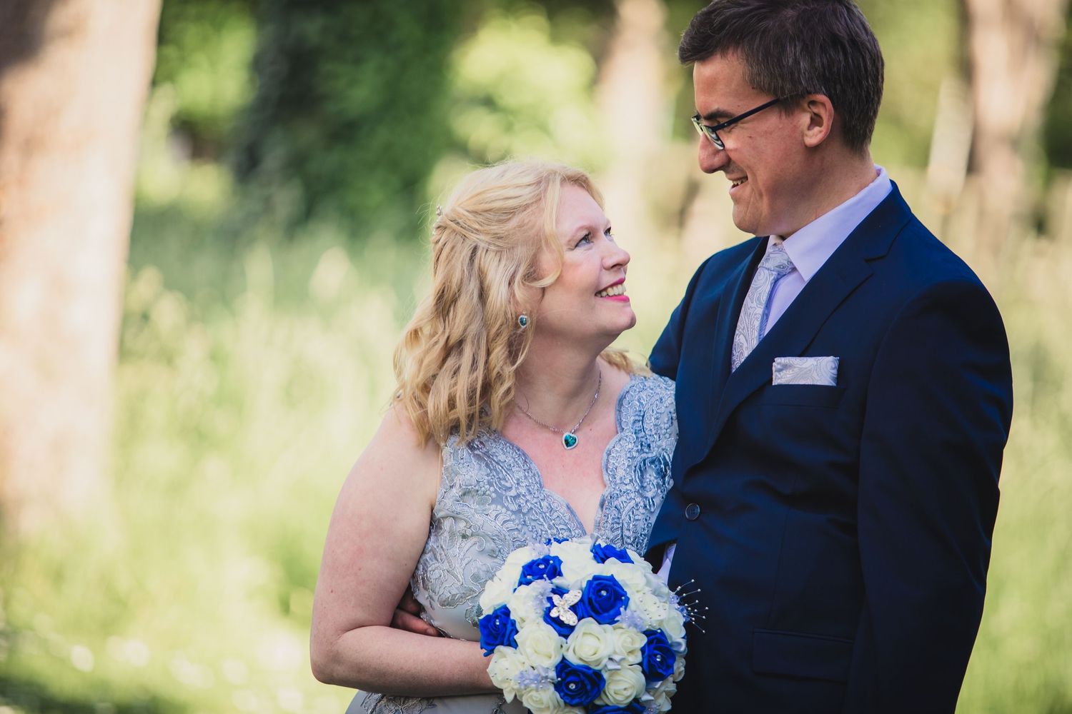 bride and groom looking at each other