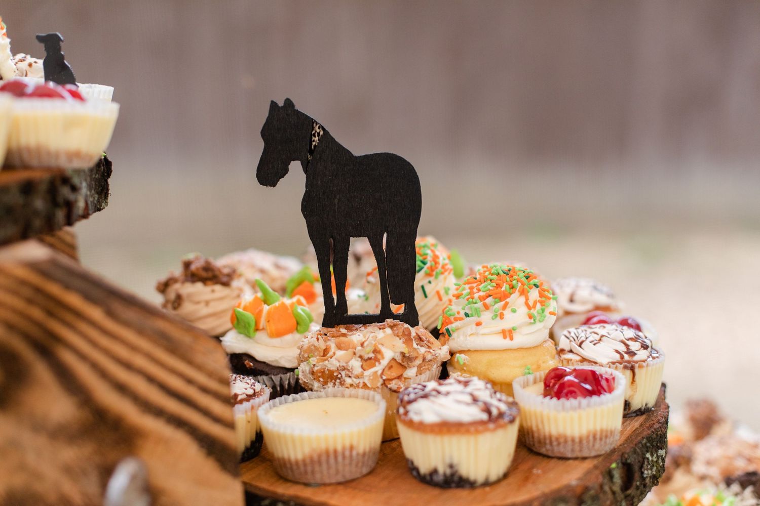 Decorated cupcakes with horse silhouette toppers on tiered wooden display.