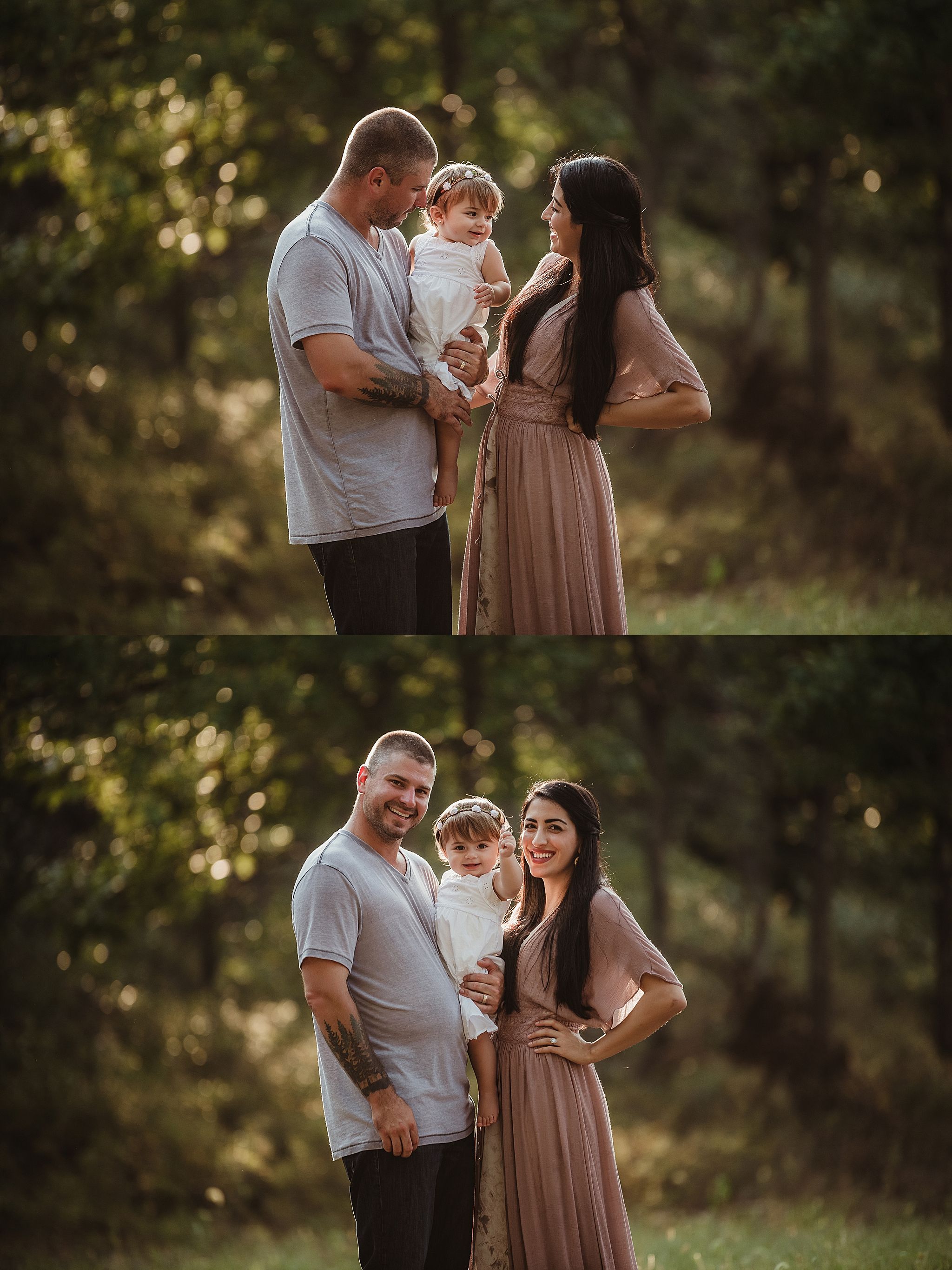 Family portrait series showing both candid and posed moments in natural outdoor setting.