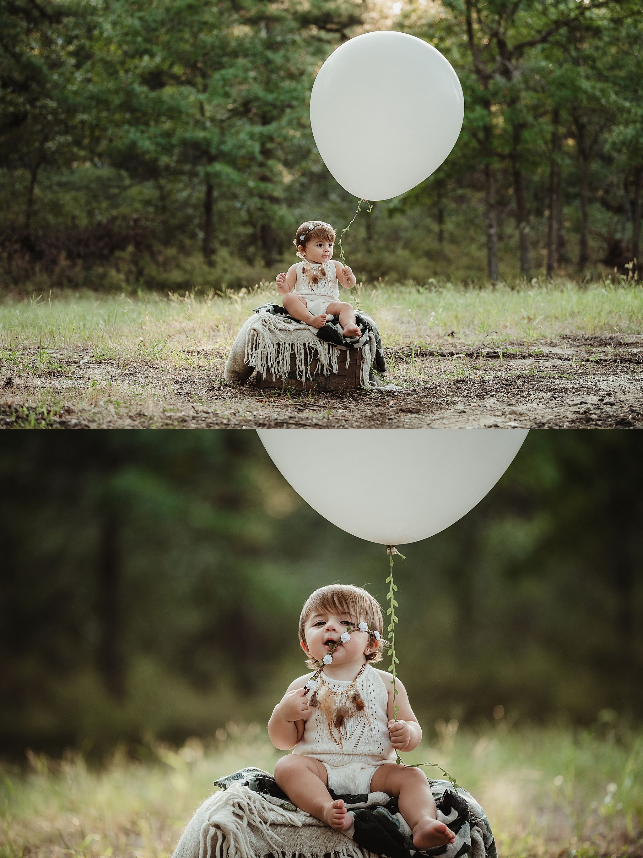 Two connected photos of child with white balloon in outdoor woodland setting.