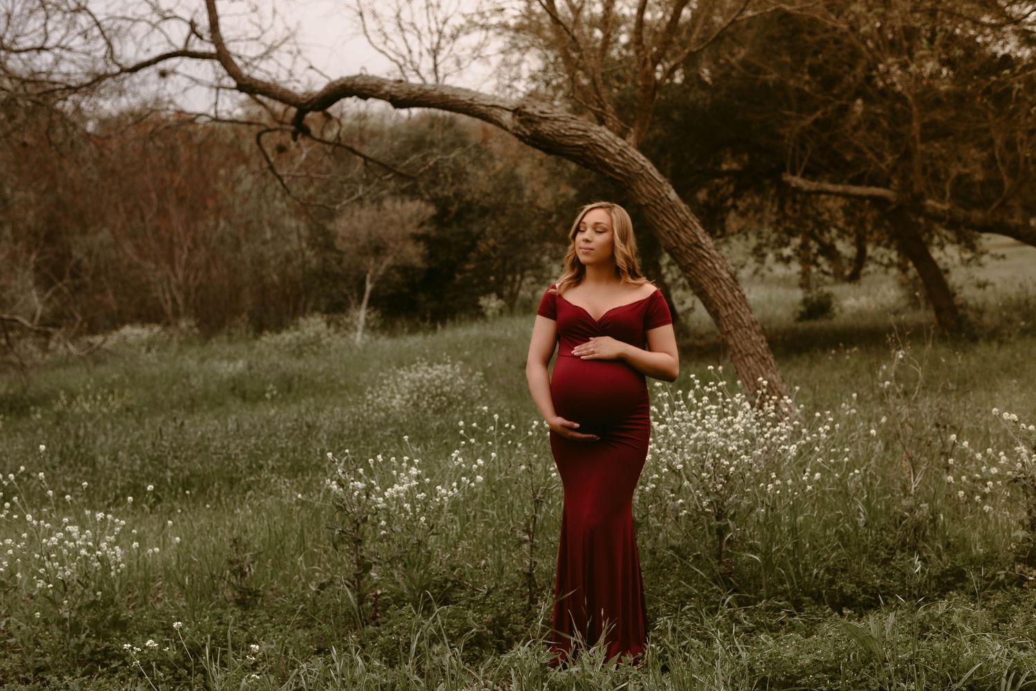 Artistic maternity photo with burgundy dress against moody natural scenery.