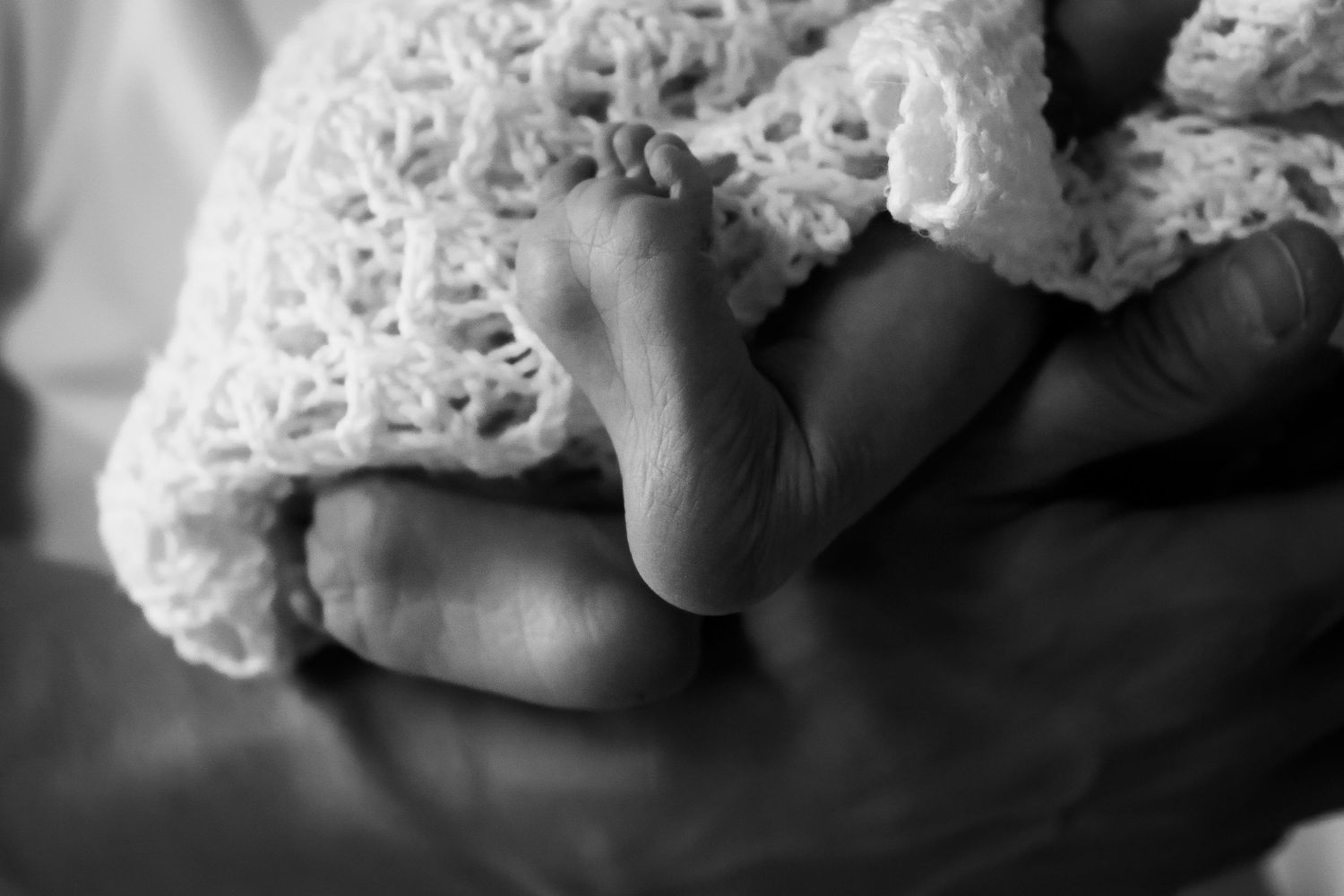 Black & white portrait of baby toes during lifestyle newborn photos at home, Calgary AB.