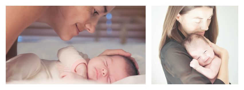 Two sweet photos of parents sharing gentle moments with their sleeping newborn.