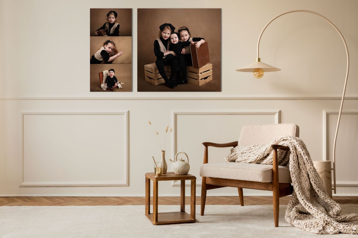 Minimalist living room with wooden furniture, framed photos, and arch floor lamp.