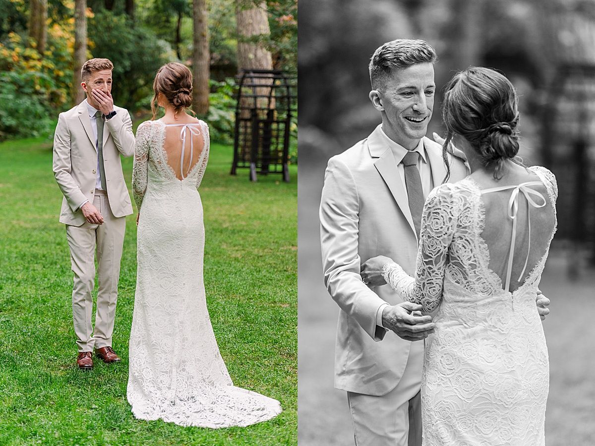 Groom reacting to seeing his bride for the first time on their wedding day