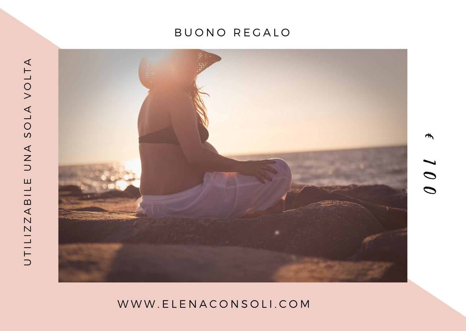 Gift card template featuring a silhouette at sunset with pink design elements.