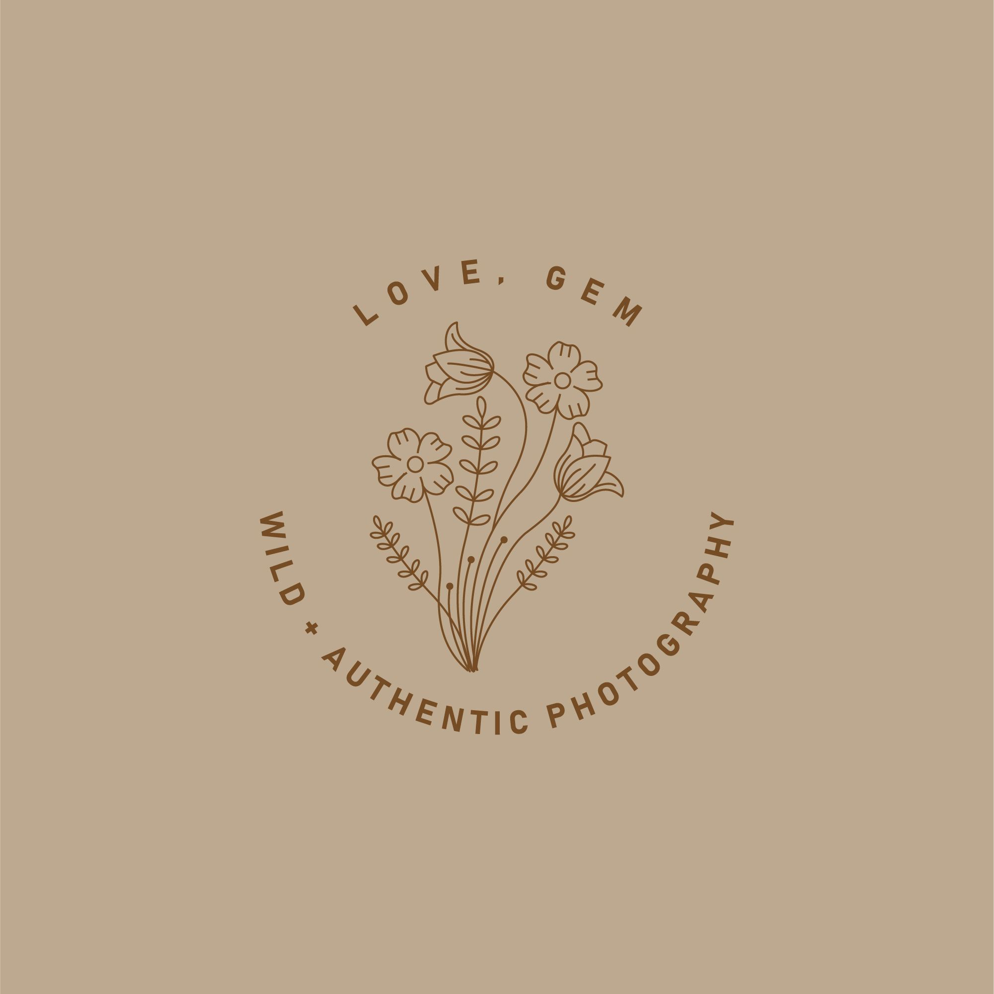Simple brown circular logo design featuring wildflowers and text for photography business.