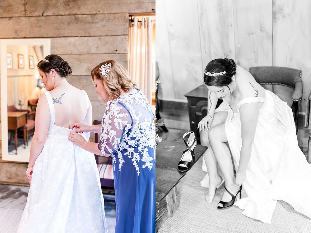 Final wedding dress adjustments being made in a rustic barn setting.