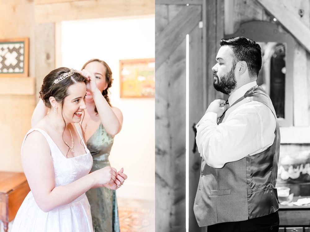 Wedding day preparations in a rustic barn setting with natural light.