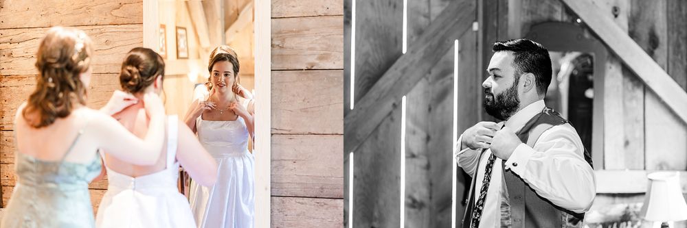 Wedding preparations and formal attire displayed in a rustic barn setting.
