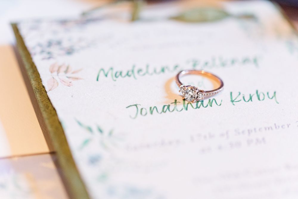 A close-up view of handwritten names on wedding stationery with elegant calligraphy.