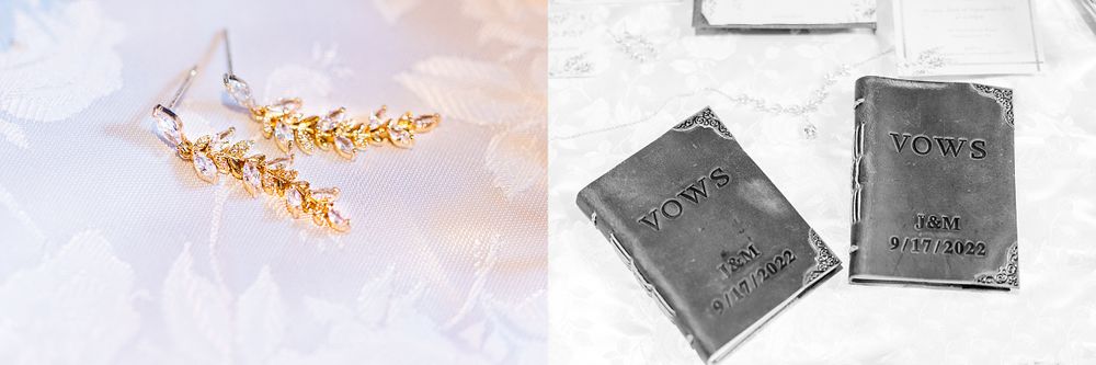 Wedding accessories including gold hair pins and vintage passports arranged on white fabric.