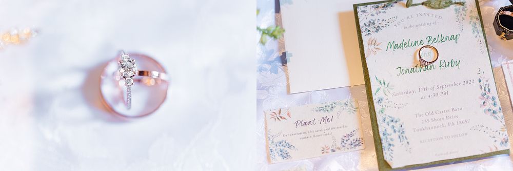 Delicate wedding invitations and rings styled with soft pink tones and ethereal lighting.