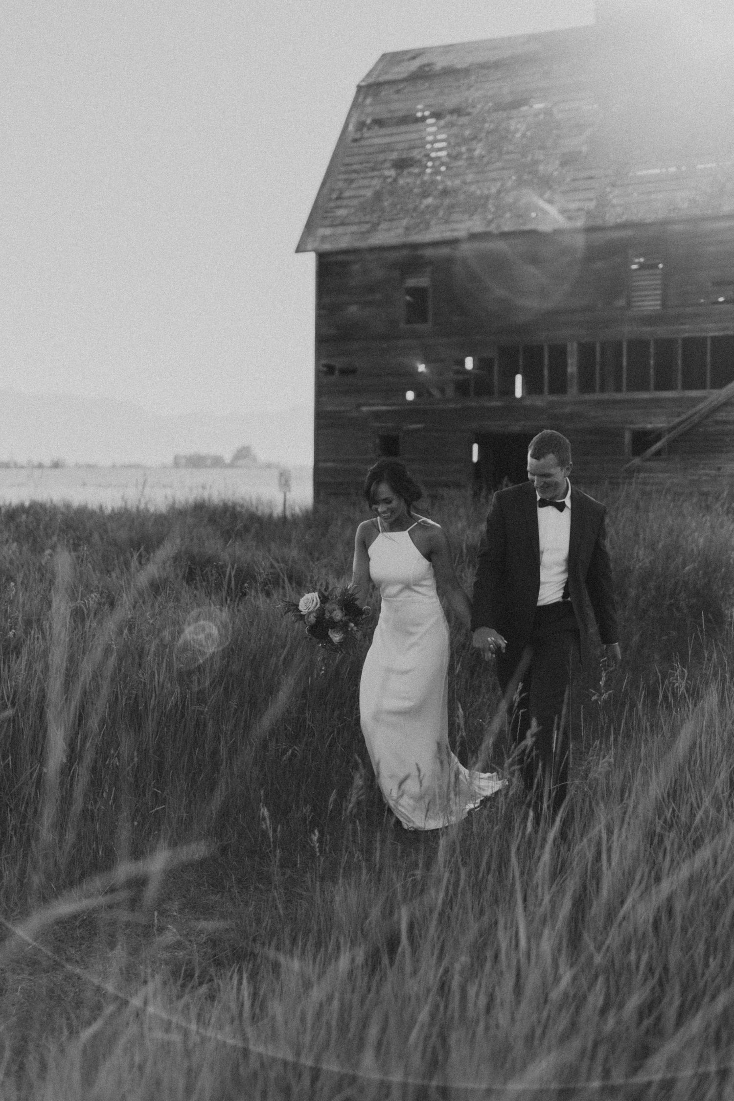 bride and groom walking hand in hand with their dogs following them