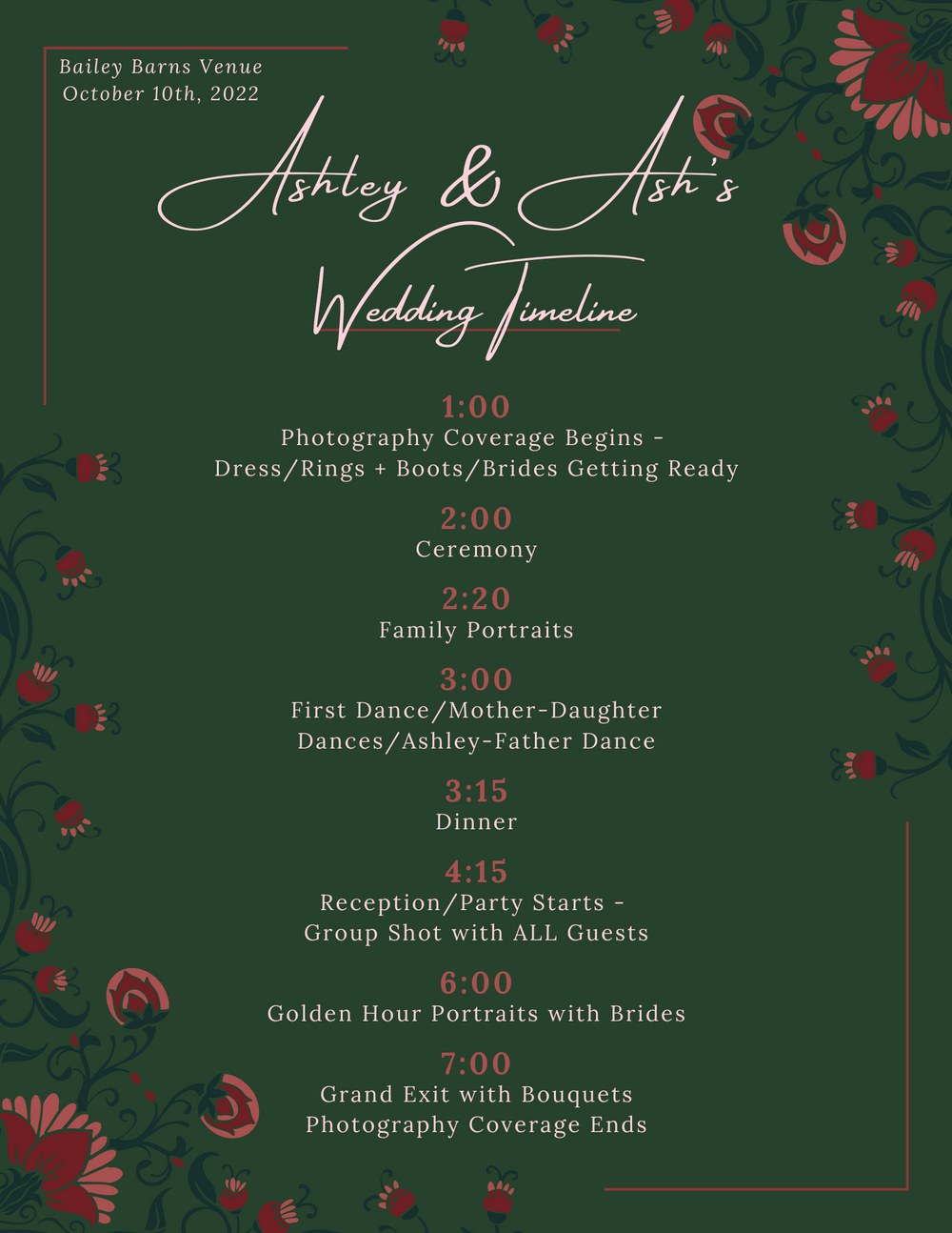Sample 6 Hour Wedding Photography Timeline