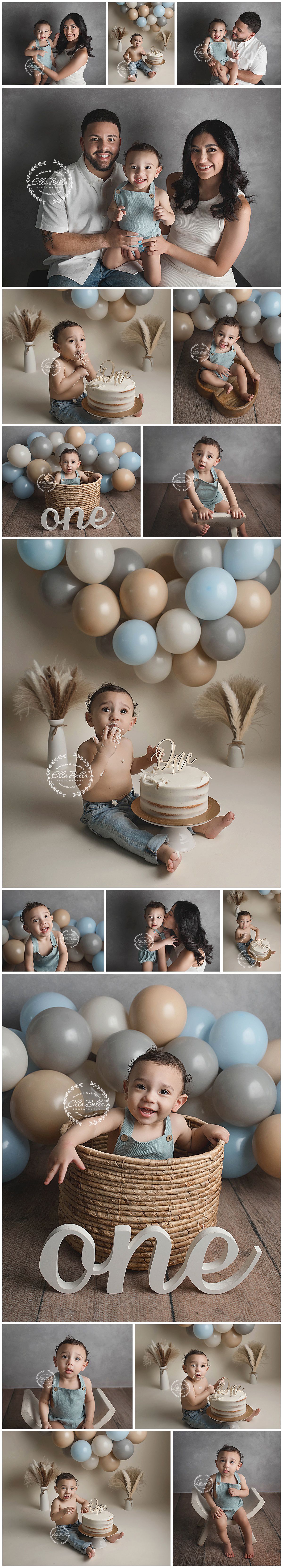 First birthday photo session featuring cake smash, family portraits and balloon decorations.