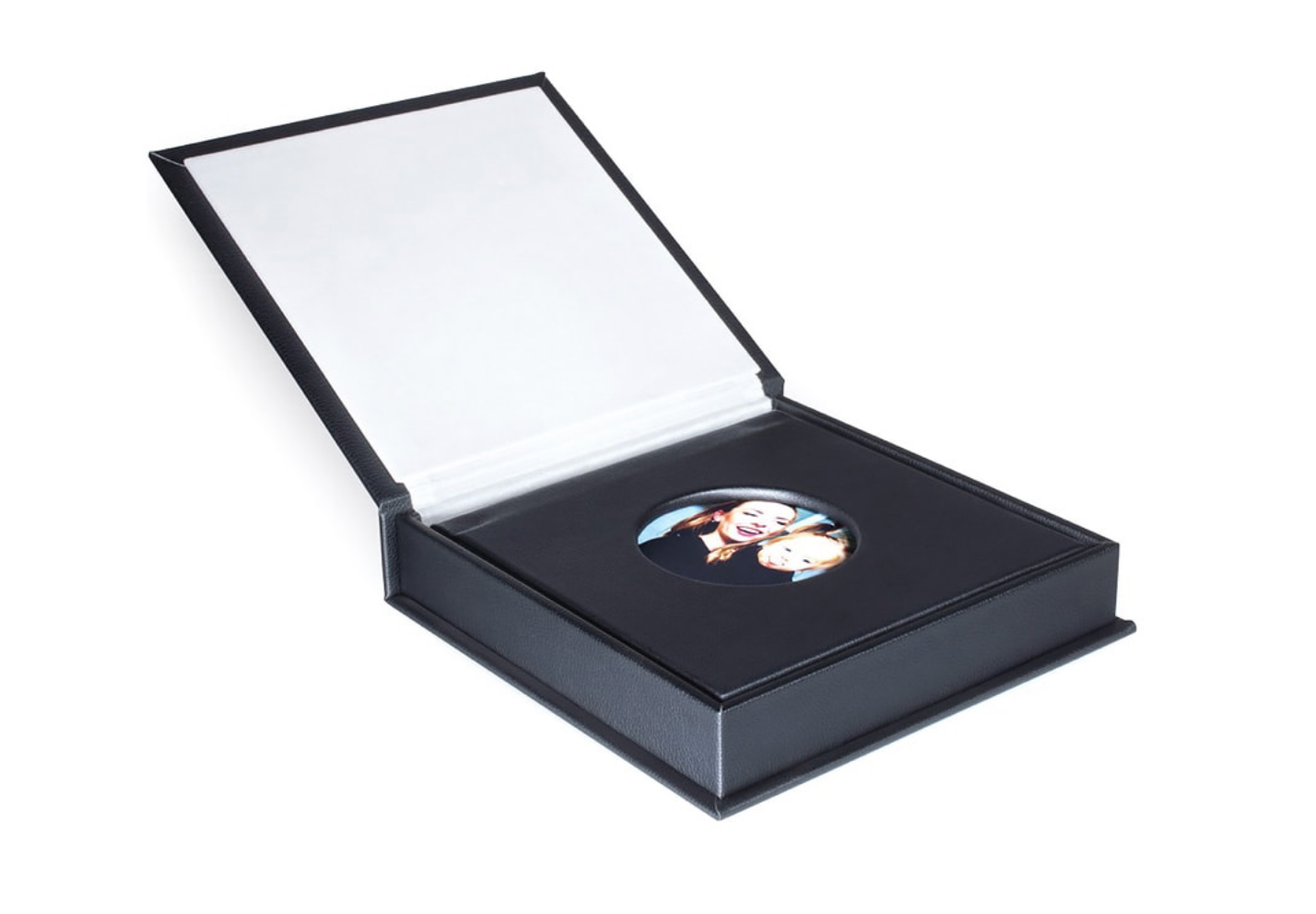 Black presentation box with photo insert opened to display white interior.
