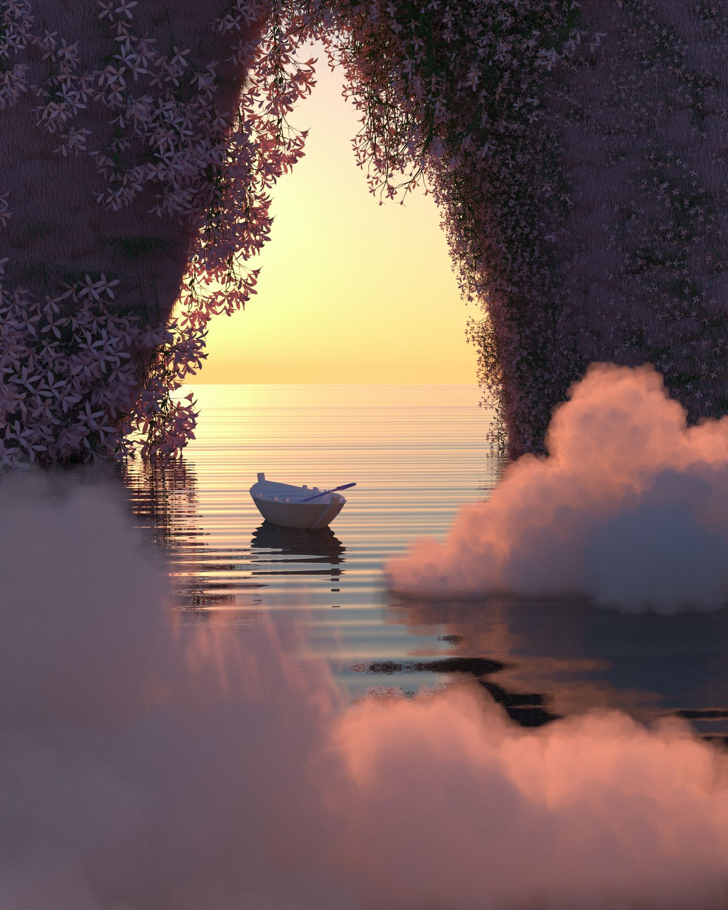 clouds floating on water with a small rowboat drifting under a canopy of flowers toward the sunset