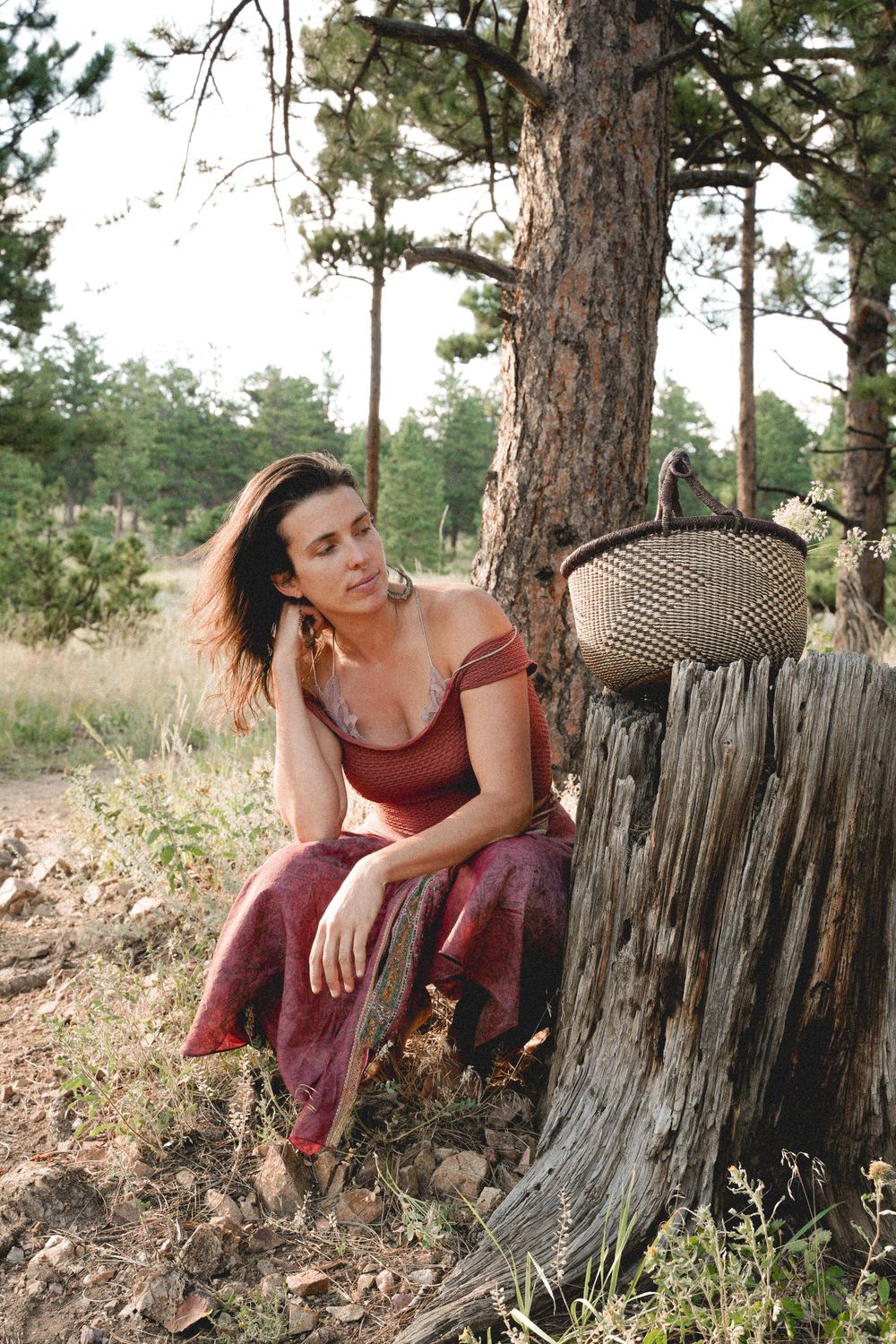 Person in burgundy dress sits thoughtfully on tree stump in wooded setting.