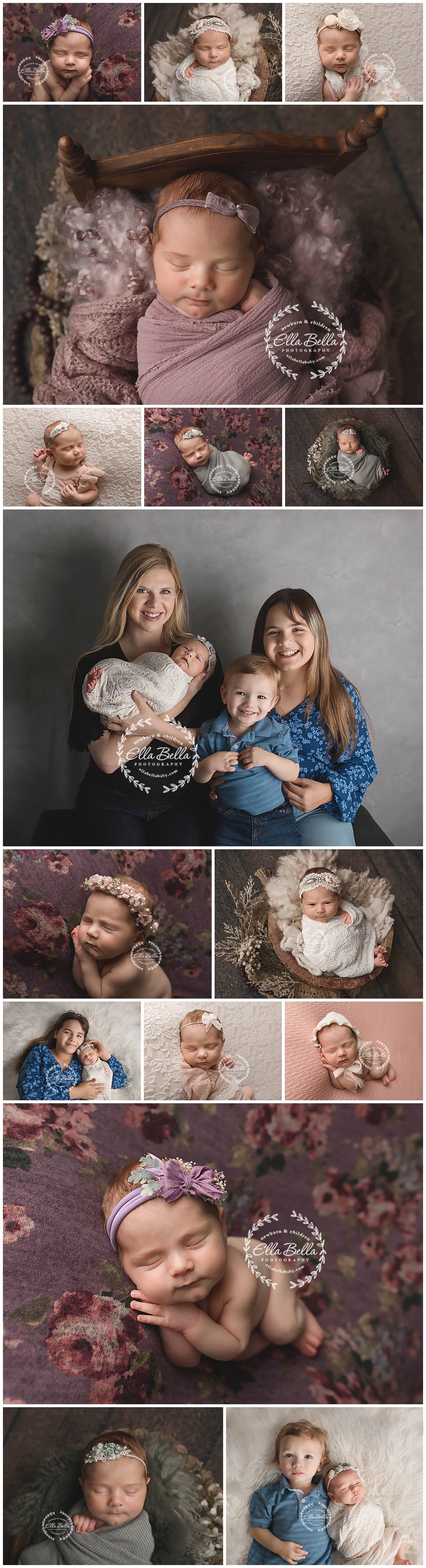Professional newborn and family photo collage featuring pink and mauve tones with studio portraits.