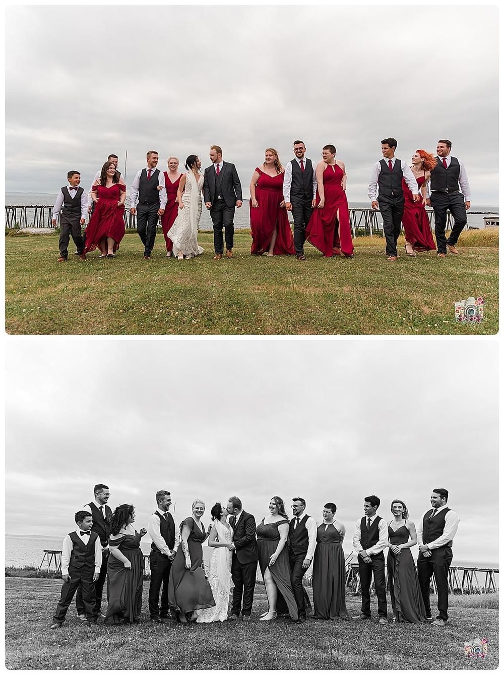 Wedding party poses outdoors with bridesmaids in red dresses and groomsmen in suits against a cloudy sky.