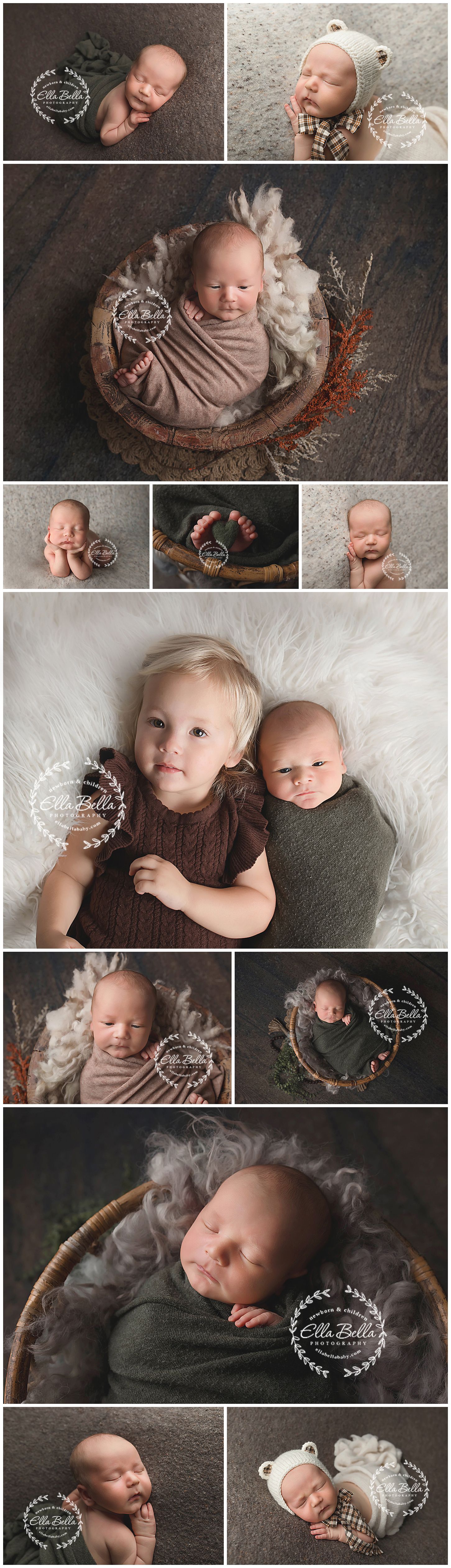 Collection of professional newborn and sibling photos with artistic props and neutral tones.
