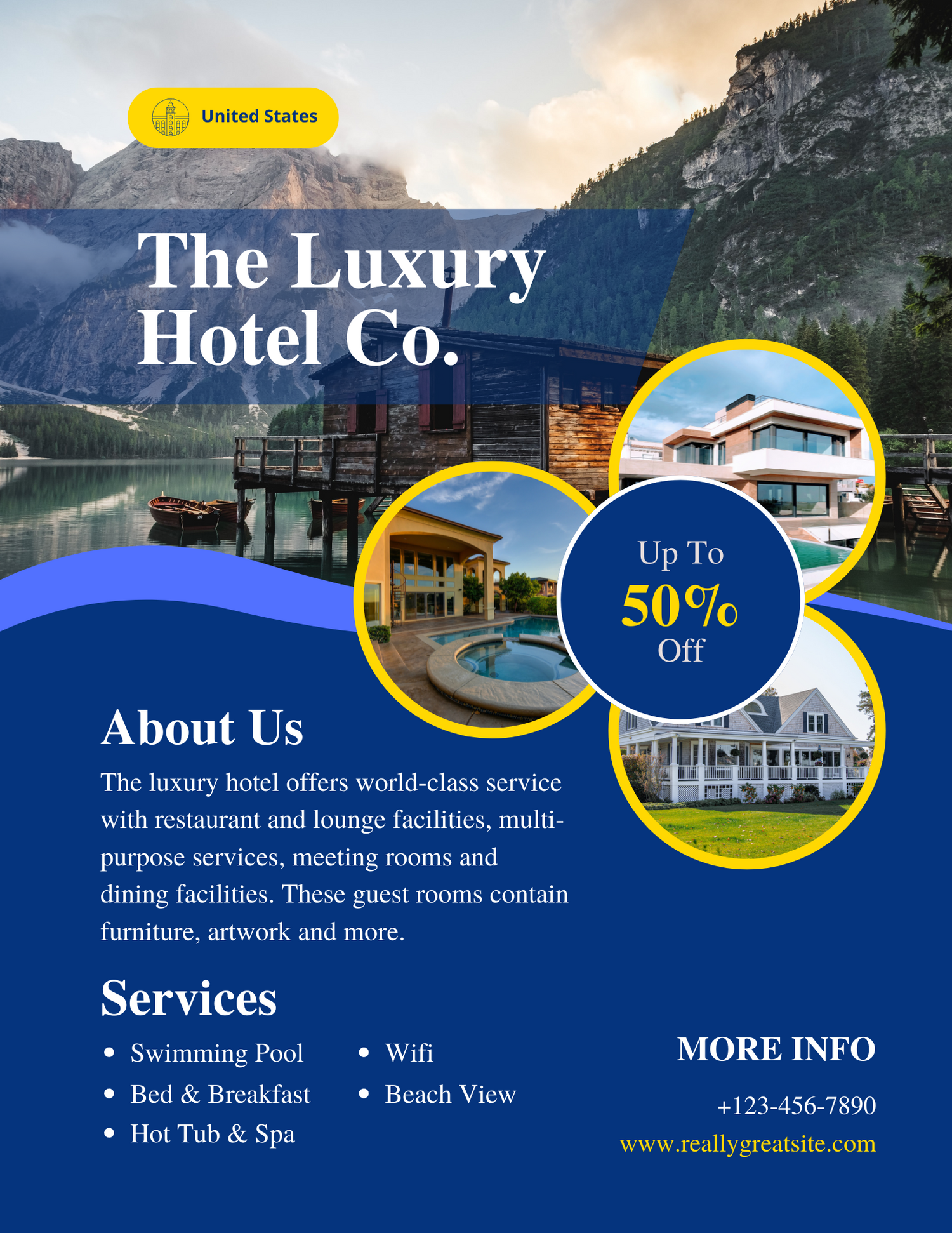Luxury hotel promotional flyer showing mountain lake views and property amenities with blue and white design elements.
