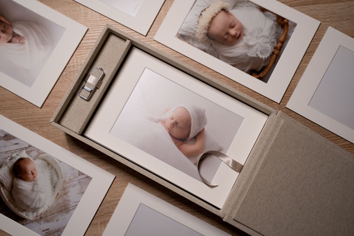 Professional newborn photography prints and USB drive displayed in an elegant linen keepsake box.