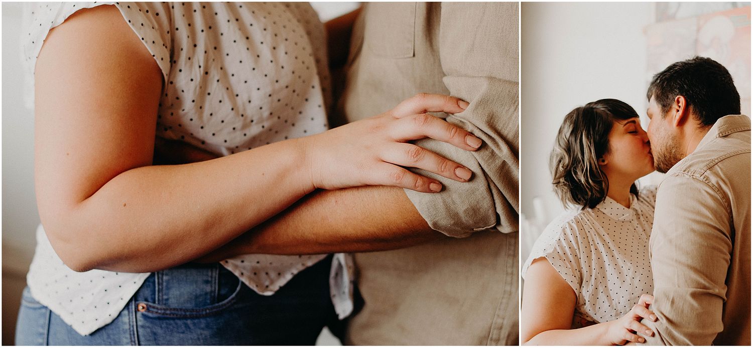 Split image showing close-up details and romantic couple pose.