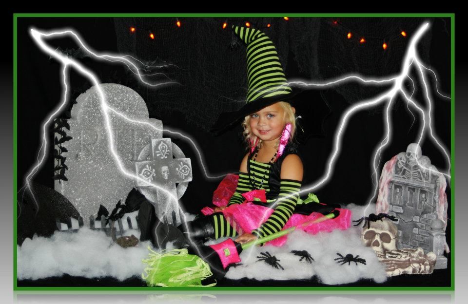 Whimsical fantasy scene with striped elements and silhouettes against dark background.