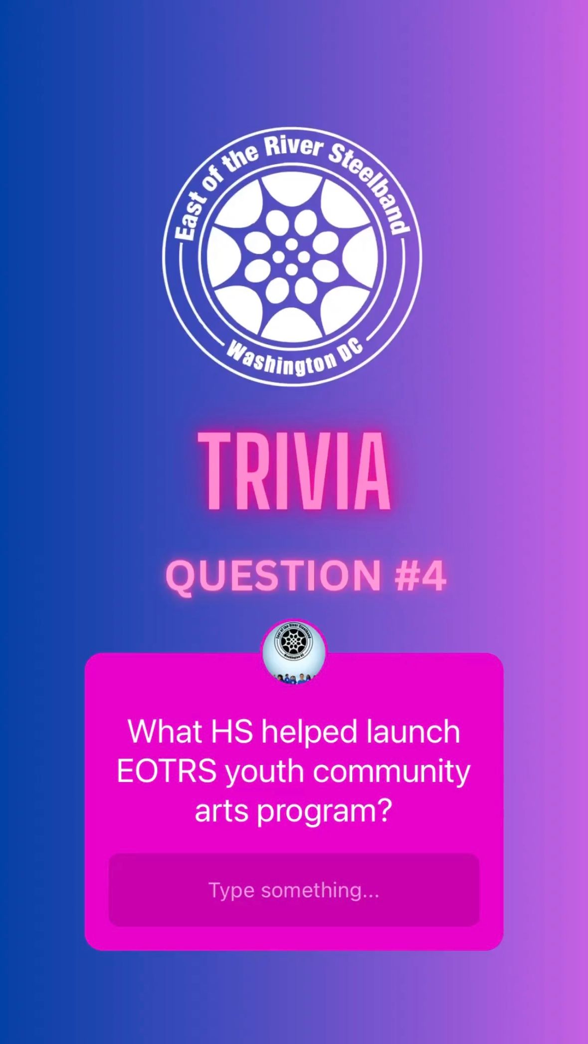 Bold colorful pink text on a purple background: Trivia Question #4: What high school helped launch EOTRS...