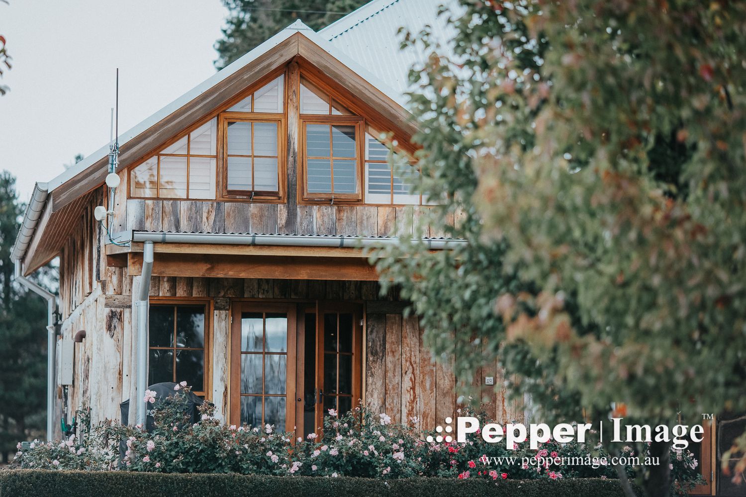 Charming rustic timber wedding venue with large wooden balcony surrounded by lush garden trees.