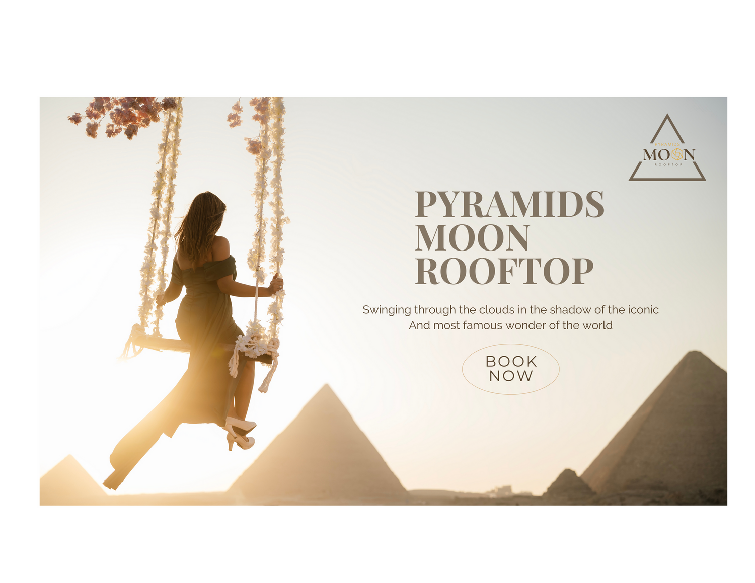 Marketing poster for Pyramids Moon Rooftop featuring a silhouette on a swing against pyramids.