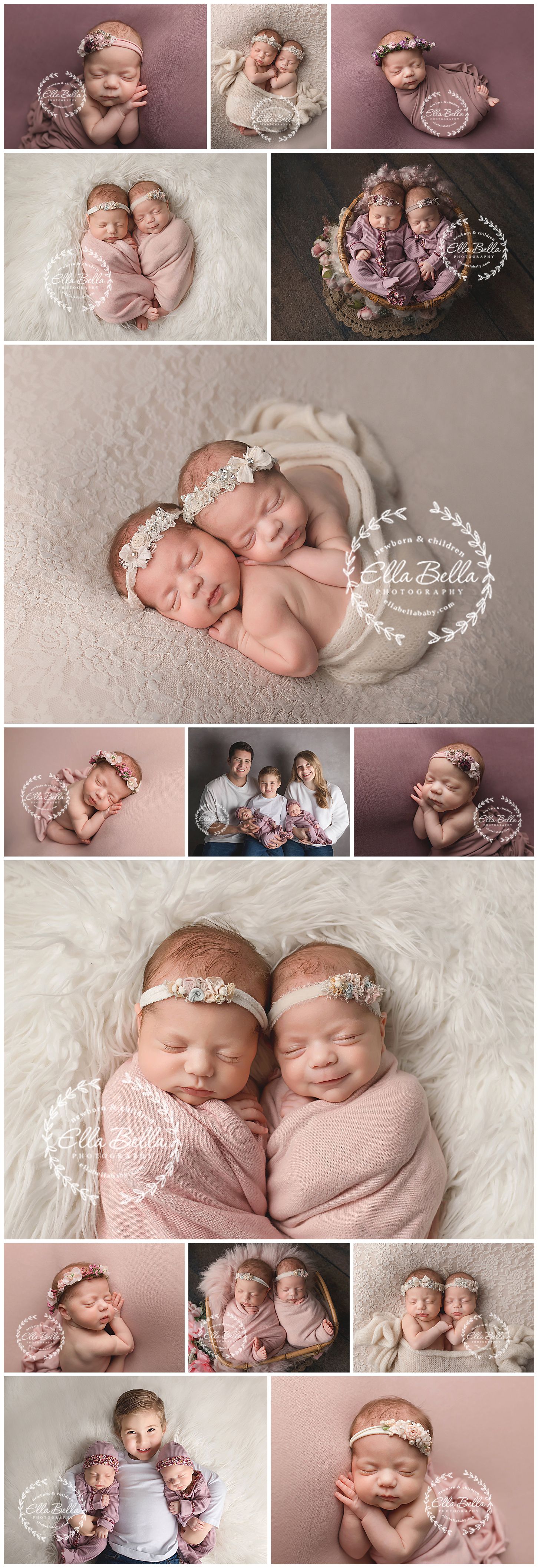 Photo collection of twin newborns in coordinated poses and family portraits.