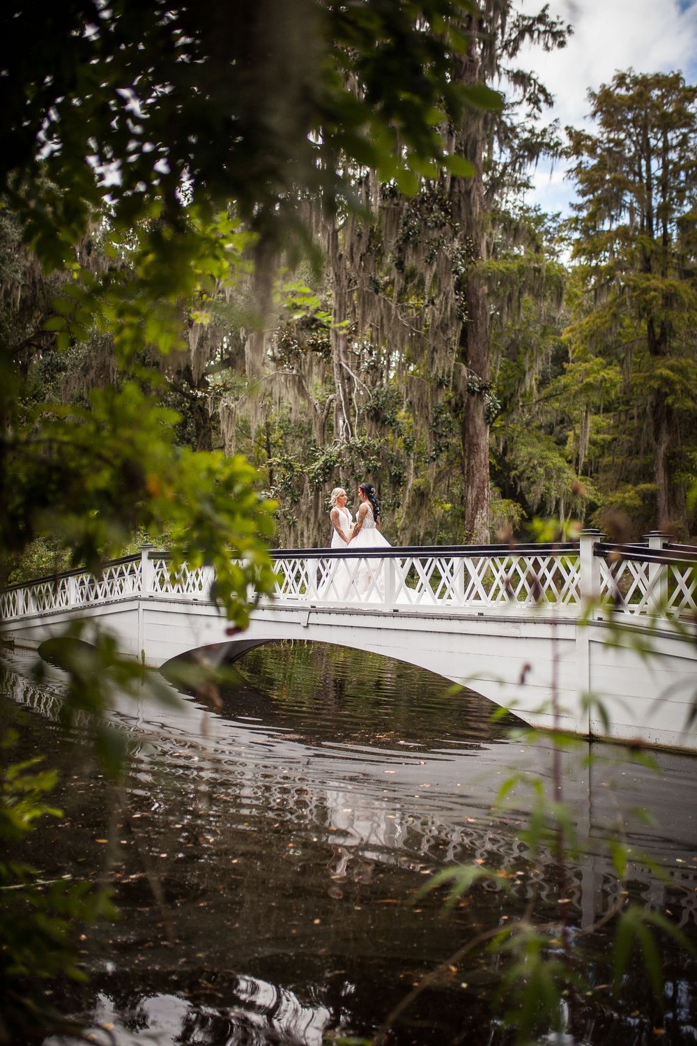A dreamy view of a white ornate bridge over a pond surrounded by Spanish moss draped trees in a romantic garden setting.